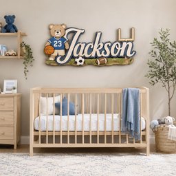 May include: A wall-mounted wooden sign featuring the name Jackson in blue script lettering, accompanied by a cartoon bear wearing a blue jersey with the number 23, a basketball, a soccer ball, a football, and a gold-colored goal post structure.