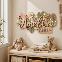 May include: Wooden wall decor with the name "Amelia" and "Anna" in a floral design, illuminated with small lights. The piece is in soft pastel colors. A plush bunny and a deer figurine sit on a bench with folded blankets.