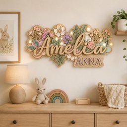 May include: A wooden floral name sign with the name "Amelia" in cursive and "Anna" below, surrounded by flowers and leaves in pastel colors. The sign is lit with small lights, creating a soft glow. The sign is mounted on a white wall.