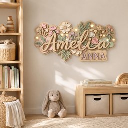 May include: A wooden wall sign with the name "Amelia" in cursive, and the name "Anna" below, surrounded by floral and leaf cutouts. The sign is in light wood tones with pink and green accents, and small lights. A plush bunny sits below.