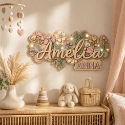 May include: A wooden sign with the name "Amelia" and "Anna" in script, surrounded by floral cutouts in pink, white, and green. The sign is illuminated with small lights. A plush bunny, a stacking toy, and a woven basket sit on a wooden dresser.