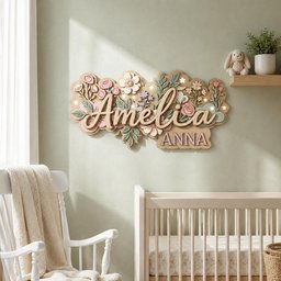 May include: A wooden wall decoration featuring the name "Amelia" in cursive, surrounded by layered floral designs in pink, beige, and green. The name "Anna" is below. The piece is mounted on a light green wall, creating a nursery theme.