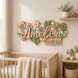 May include: A wooden wall hanging with the name "Amelia" in cursive script, surrounded by floral and leaf cutouts in pastel colors. The name "Anna" is below. Small lights are embedded within the design, creating a soft glow. The piece is mounted above a crib.