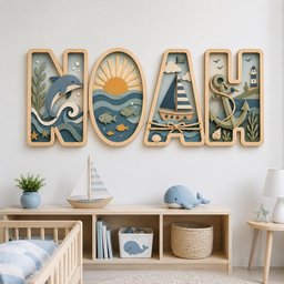 May include: A wall-mounted wooden sign spelling the name NOAH, featuring layered nautical cutouts. The letter N shows a dolphin and waves, O displays a sun and fish, A depicts a sailboat, and H features an anchor, lighthouse, and shells.
