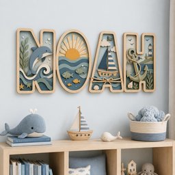 May include: A wooden wall sign spelling NOAH in four separate letters, each featuring layered nautical scenes including a dolphin, sun, sailboat, and anchor. The letters are decorated with blue, tan, and white tones, showcasing marine life and coastal elements.