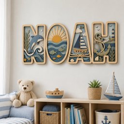 May include: A wooden wall sign spelling NOAH with nautical themes. The N features a dolphin and waves, the O a sun and fish, the A a sailboat with rope detail, and the H an anchor, lighthouse, and shells. Each letter has a light wood frame.