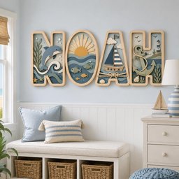 May include: A multi-layered wooden wall art set spelling the name NOAH. Each letter features nautical motifs including a blue dolphin, a yellow sun over waves, a sailboat with rope detailing, and a gray anchor with a lighthouse in the background.