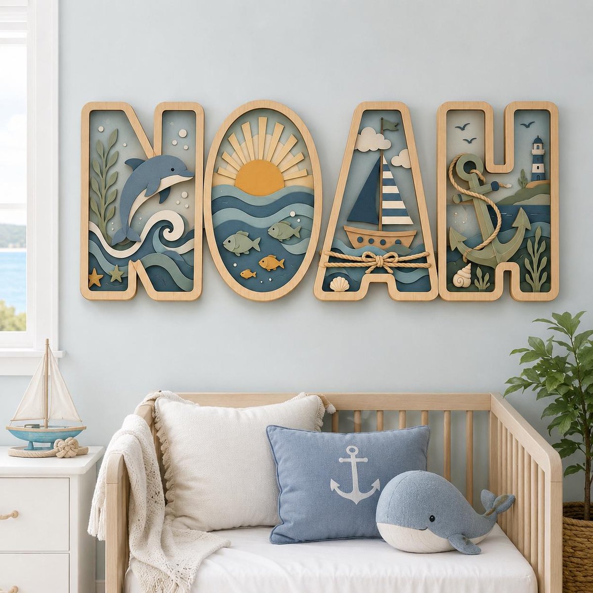 May include: A wooden wall art set spelling the name NOAH, featuring layered nautical designs. The letter N shows a dolphin and waves, O displays a sun and fish, A depicts a sailboat, and H features an anchor, lighthouse, and seashells.