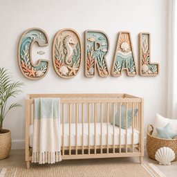 May include: Five large, dimensional wall letters spelling CORAL, each featuring intricate ocean-themed carvings including a seahorse, starfish, seashells, coral reefs, and waves in soft pastel shades of peach, blue, and cream against a light background.