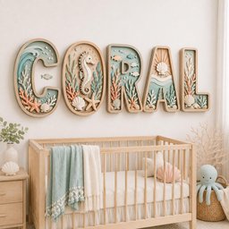 May include: Five large, three-dimensional wall letters spelling CORAL, each featuring intricate relief carvings of seahorses, seashells, starfish, fish, and coral reefs in soft pastel shades of blue, peach, and cream against a light background.