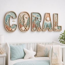 May include: A set of five wooden wall letters spelling the word CORAL, featuring intricate 3D layered designs of seahorses, starfish, seashells, fish, and coral reefs in soft shades of blue, peach, and cream, mounted above a white crib.