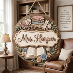 May include: A circular wooden wall sign featuring the text Mrs. Harper in raised lettering. The design includes stacked books, a pair of glasses, a bookmark, an open book, a small globe, and floral accents in shades of pink, blue, and green.