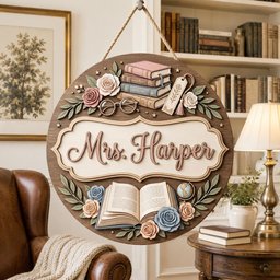 May include: A circular wooden wall sign featuring the text Mrs. Harper in raised script lettering. The design includes a stack of three books, a bookmark, eyeglasses, an open book, and various pastel-colored roses and green leaves.