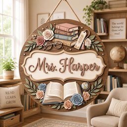 Personalized Teacher Door Sign, Custom Teacher Name Sign, Book Lover Classroom Decor, Reading Teacher Gift, Floral School Door Hanger image 4