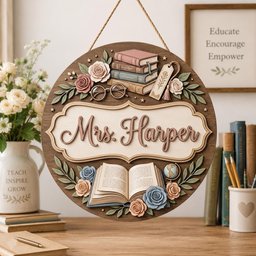 May include: A round wooden wall sign featuring the text Mrs. Harper in raised lettering. The design includes a stack of books, a bookmark, eyeglasses, an open book, a small globe, and various floral accents in shades of pink, blue, and green.