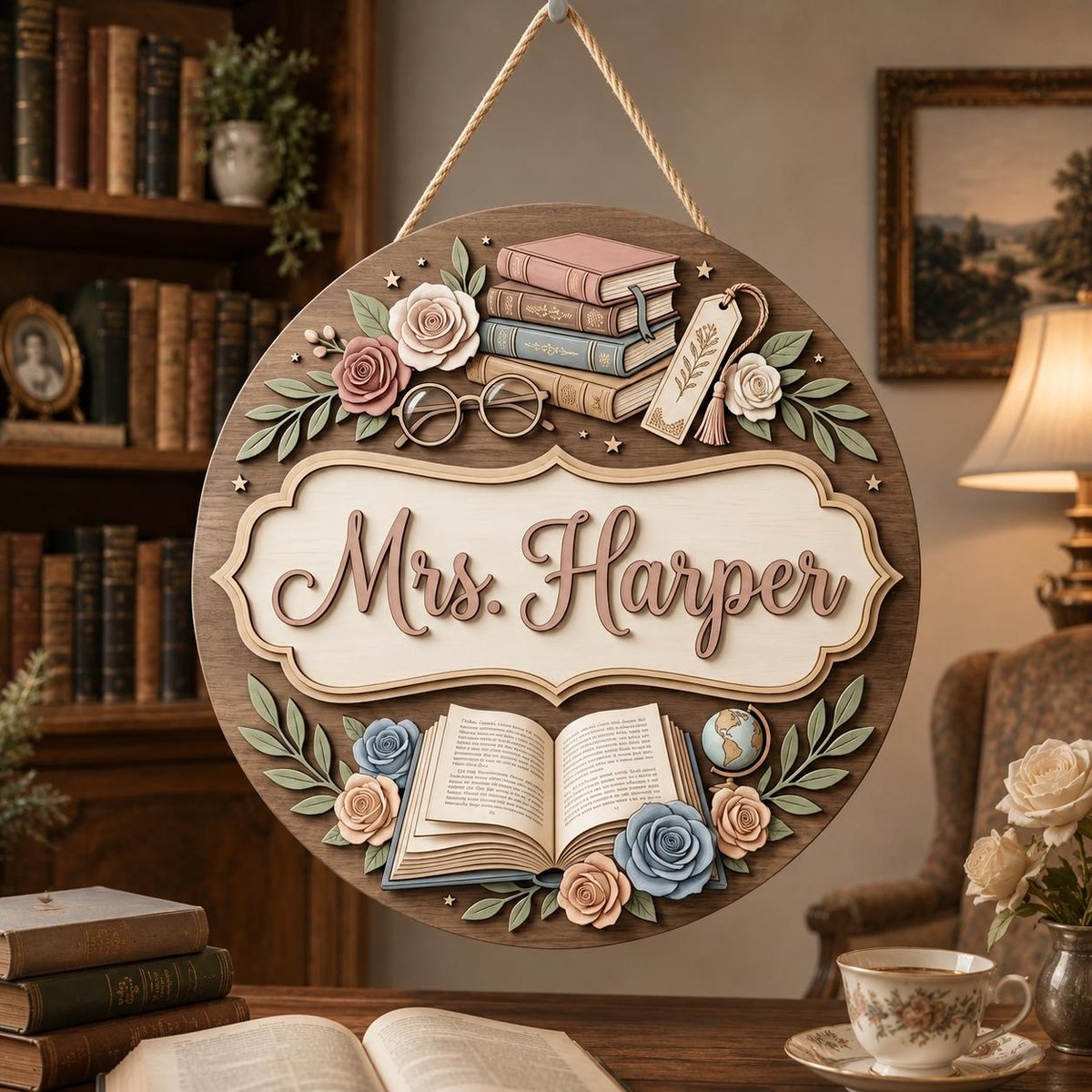 Personalized Teacher Door Sign, Custom Teacher Name Sign, Book Lover Classroom Decor, Reading Teacher Gift, Floral School Door Hanger image 1