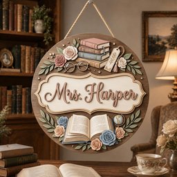 Personalized Teacher Door Sign, Custom Teacher Name Sign, Book Lover Classroom Decor, Reading Teacher Gift, Floral School Door Hanger image 1