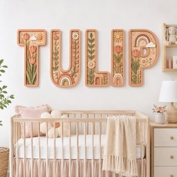 May include: Five large wooden wall letters spelling TULIP, each featuring intricate 3D floral, sun, and rainbow motifs in muted earth tones. The letters are framed in a light wood finish and decorated with carved tulips, daisies, and leaves.