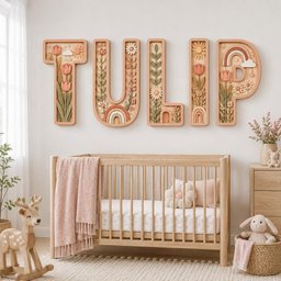 May include: Five large wooden wall letters spelling TULIP, each featuring intricate 3D floral, sun, and rainbow carvings in soft pastel tones. The letters are mounted above a light wood crib draped with a pink throw blanket and a flower-shaped pillow.