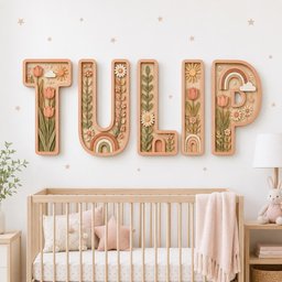 May include: A set of five wooden wall letters spelling TULIP, featuring intricate 3D floral, rainbow, and sun motifs in muted peach, sage green, and cream tones. Each letter is framed with a light wood border and decorated with carved flowers.