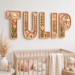 May include: Five large, three-dimensional wooden letters spelling TULIP, each featuring intricate relief carvings of flowers, rainbows, suns, and clouds in muted earth tones of peach, sage green, cream, and terracotta, mounted on a wall.