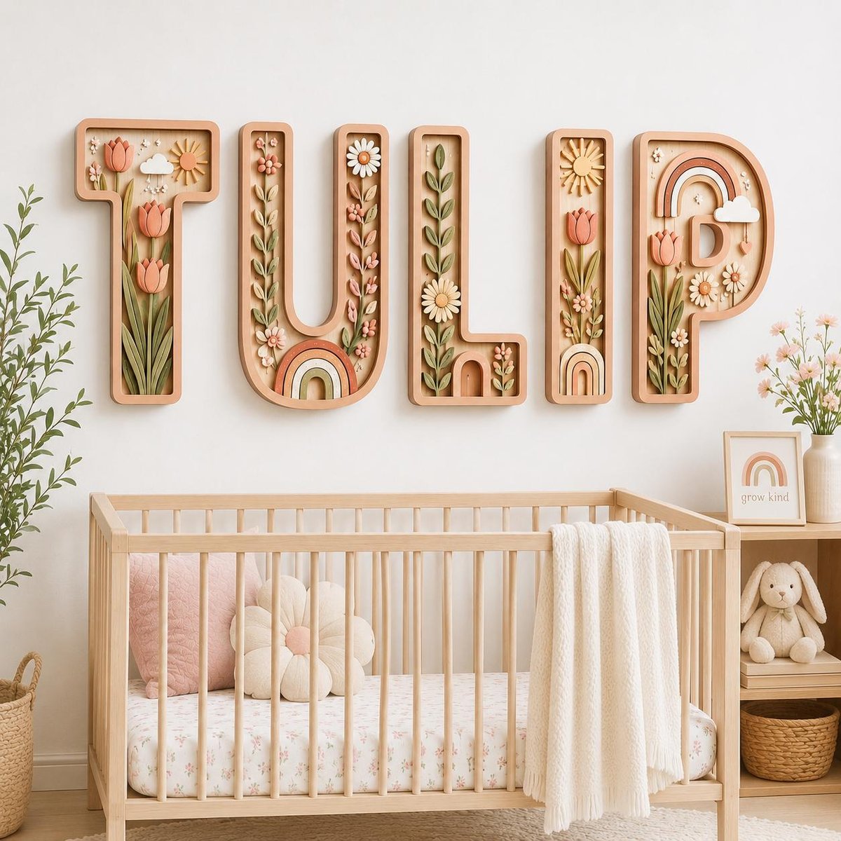 May include: Five large wooden wall letters spelling TULIP, each featuring intricate 3D carvings of tulips, daisies, rainbows, and suns in muted earth tones. The letters are mounted above a wooden crib with a white blanket and floral pillows.