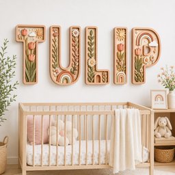 May include: Five large wooden wall letters spelling TULIP, each featuring intricate 3D carvings of tulips, daisies, rainbows, and suns in muted earth tones. The letters are mounted above a wooden crib with a white blanket and floral pillows.