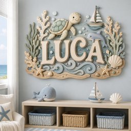 May include: A wall-mounted wooden sign featuring the name LUCA in large letters, surrounded by a relief of a sea turtle, a dolphin, a sailboat, coral, starfish, and seashells in soft blue, beige, and cream tones against a light blue background.