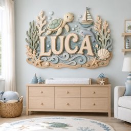 May include: A wall-mounted wooden sign featuring the name LUCA in large, raised letters. The design includes a sea turtle, a dolphin, a sailboat, coral, and starfish in soft pastel tones of blue, green, and beige, set against a wavy ocean background.