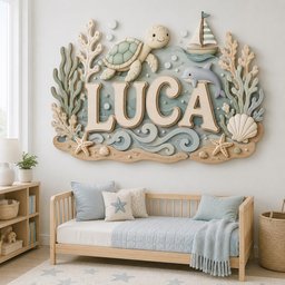 May include: A wall-mounted decorative sign featuring the name LUCA in large, light-colored 3D letters. The design includes a sea turtle, a sailboat, a dolphin, coral, seashells, and starfish in soft shades of green, blue, and beige.