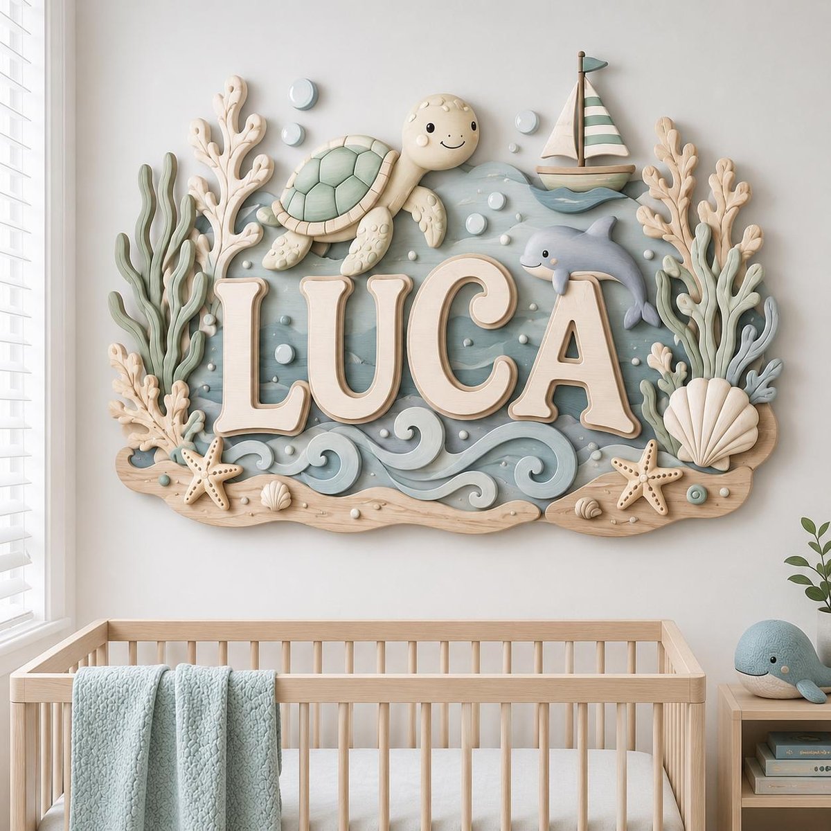 May include: A wall-mounted decorative sign featuring the name LUCA in large, light-colored letters. The design includes a sea turtle, a sailboat, a dolphin, coral, and seashells in soft blue, green, and beige tones, creating an ocean theme.