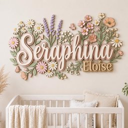 May include: A layered wooden wall sign featuring the name Seraphina in large cursive script and Eloise in block letters, surrounded by a decorative arrangement of pastel-colored flowers, leaves, and small butterflies in shades of pink, white, and green.
