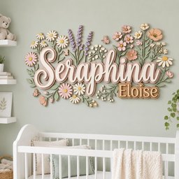 May include: A wall-mounted wooden sign featuring the names Seraphina and Eloise in layered script and block lettering, surrounded by a decorative arrangement of cutout flowers, leaves, and small butterflies in shades of pink, white, and green.