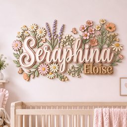 May include: A wall-mounted wooden sign featuring the names Seraphina and Eloise in layered script and block lettering, surrounded by a decorative arrangement of cutout flowers, leaves, and butterflies in shades of pink, peach, green, and white.