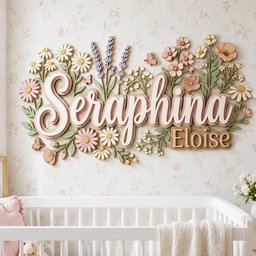May include: A wall-mounted wooden sign featuring the name Seraphina in large white script, with the name Eloise in smaller block letters below. The sign is surrounded by layered, three-dimensional wooden flowers, leaves, and small butterflies.