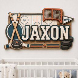 May include: A wooden wall sign featuring the name JAXON in large white letters with dark blue outlines. The design includes a hockey rink graphic, two crossed hockey sticks, a hockey net, a stack of black pucks, and a pennant flag labeled MVP.