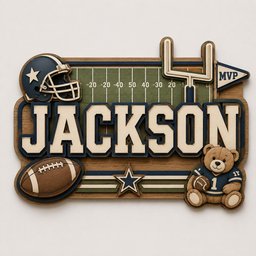 May include: A layered wooden wall sign featuring the name JACKSON in large cream letters. The design includes a dark blue football helmet, a green football field with yard lines, a goalpost, a brown football, a star, and a teddy bear wearing a jersey.