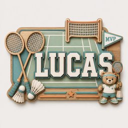 May include: A layered wooden wall sign featuring the name LUCAS in large white letters with teal outlines. The design includes two badminton rackets, two shuttlecocks, a net, a small MVP pennant, and a cartoon bear holding a racket.