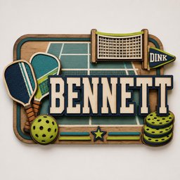 May include: A layered wooden wall sign featuring a pickleball court background, two paddles, a ball, a net, and a pennant with the text DINK. The name BENNETT is displayed in large, bold, dark blue letters across the center of the sign.