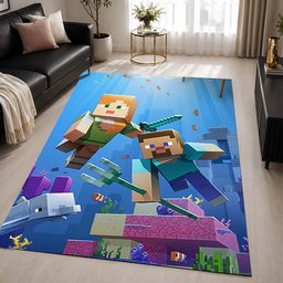 Minecraft Steve And Alex Under Ocean Biome Fight Guardian Rug - Minecraft Carpet