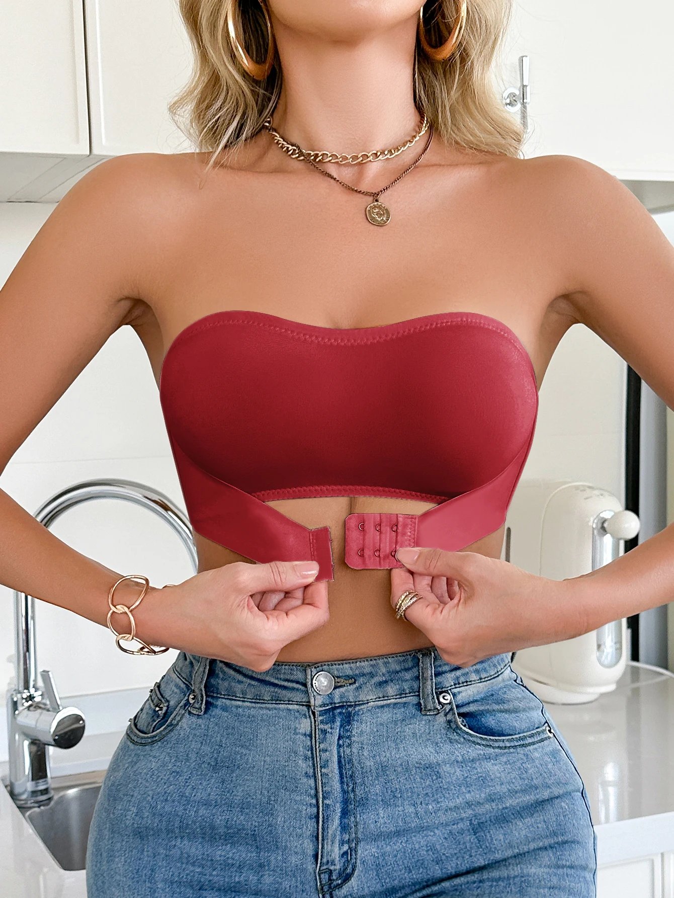 Strapless front-clasp wireless push-up bralette, view 6