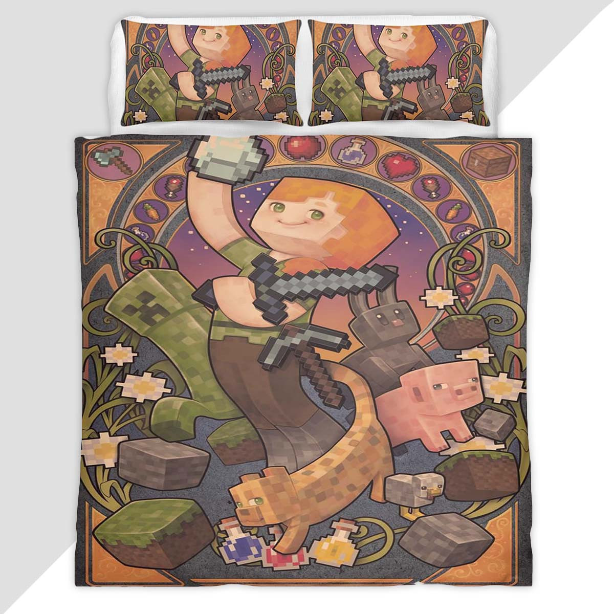 Minecraft Alex and The Characters in game as Pig Cat Duvet Cover - Minecraft Bedding Set