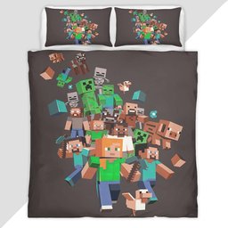 Minecraft All Characters Steve Creeper Pig Zombie Villagers Duvet Cover - Minecraft Bedding Set