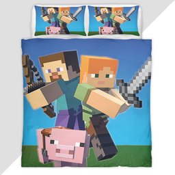 Minecraft Steve with Pig Game Room Duvet Cover - Minecraft Bedding Set