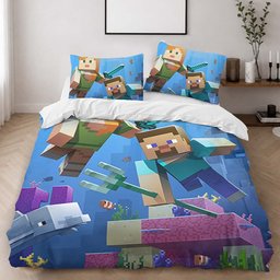 Minecraft Steve And Alex Under Ocean Biome Fight Guardian Duvet Cover - Minecraft Bedding Set 2