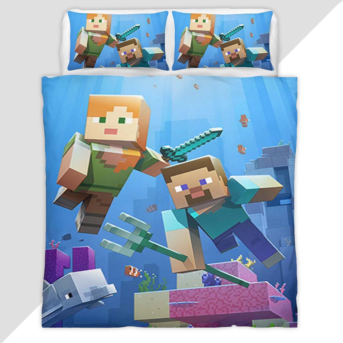 Minecraft Steve And Alex Under Ocean Biome Fight Guardian Duvet Cover - Minecraft Bedding Set