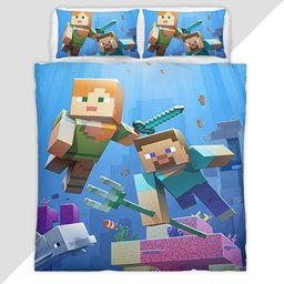 Minecraft Steve And Alex Under Ocean Biome Fight Guardian Duvet Cover - Minecraft Bedding Set