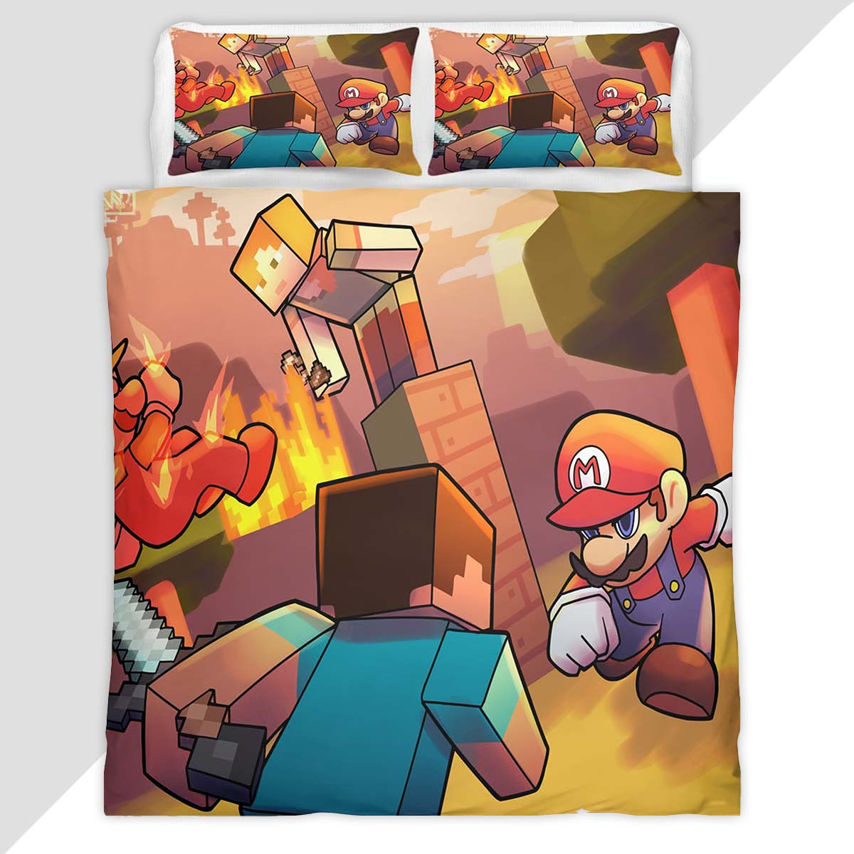 Minecraft Steve vs Mario Showdown Duvet Cover - Minecraft Bedding Set