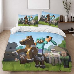 Minecraft Steve riding horsebrine with a sword Duvet Cover - Minecraft Bedding Set 2