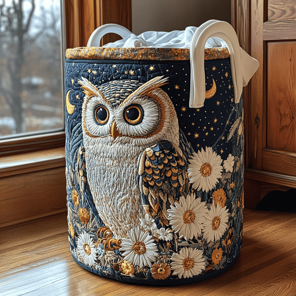 Owl Night Quilted Laundry Basket Winter Merch Essentials